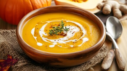 Creamy butternut squash soup garnished with thyme and a swirl of cream.