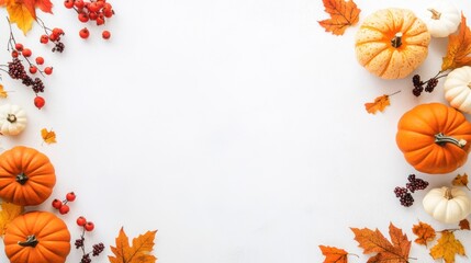 Autumn flat lay with pumpkins, berries, and leaves arranged on a white background, creating a bright and seasonal design.
