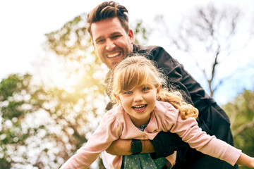 Portrait, airplane and father with happy kid outdoor for laughing, love or family bonding together. Face, dad and child play flying game for support, care or freedom of funny girl with parent at park