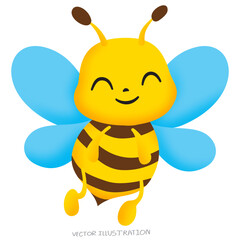 Yellow bee with blue wings flying, vector illustration