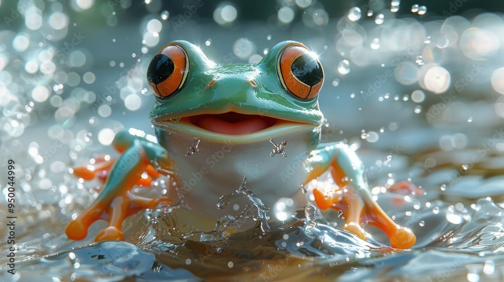 Wall mural Frolicking Frog Takes a Dive: AI-Generated Happy Amphibian Leaping into the Ocean