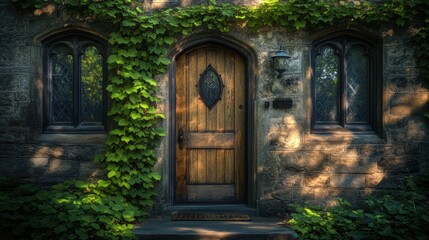 Charming stone cottage facade covered in lush green ivy, featuring wooden windows and door, surrounded by well-maintained shrubs.