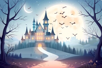 A mystical castle under a full moon, surrounded by spooky trees and flying bats, creating a magical, eerie atmosphere.