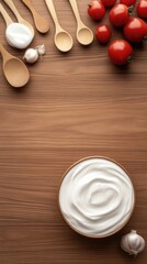 A rustic wooden table features a bowl of yogurt garnished with fresh cucumber, lettuce, and cherry tomatoes, creating a colorful and inviting food arrangement