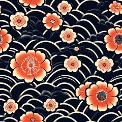 Japanese Floral Seamless Pattern with Waves
