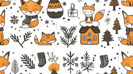 Whimsical woodland creatures like foxes and rabbits in a snow-covered pine forest, arranged in a seamless pattern. The background features softly falling snowflakes and a peaceful winter landscape,