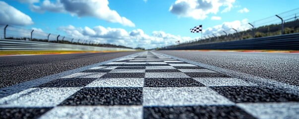 Straight stretch of road on a racetrack leading to the finish line, with the checkered flag waving in the distance, Racetrack Road, Final push to victory