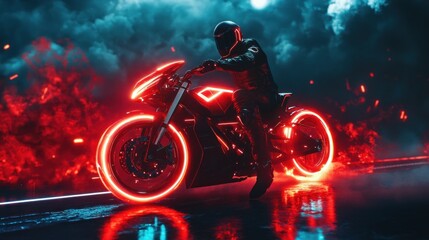 Futuristic Motorcycle Rider with Neon Lights