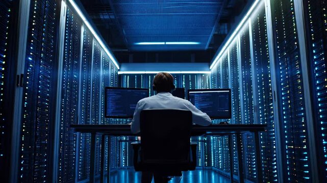 Blue modern server room hallway, man is sitting at its center, back view - Powered by Adobe