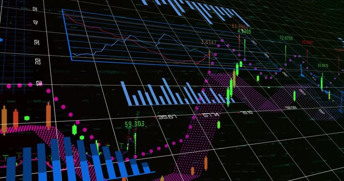 Financial data and pie charts animation over stock market graphs and numbers