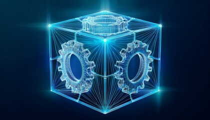Fototapeta premium Isolated modern illustration of abstract box with cog wheels, low poly style. Geometric background. Wireframe light connection structure. Modern 3D graphic concept.
