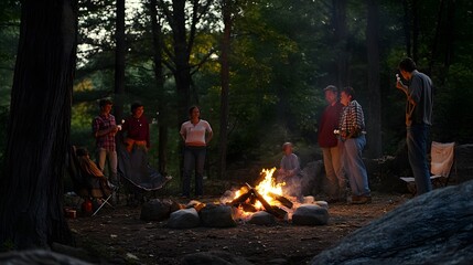 Group of friends gathered around a campfire in the woods, enjoying a night out under the stars.