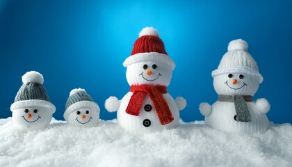 little snowmans on soft snow on blue background