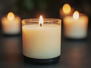 Close-up of a burning candle in a glass jar, with two other candles out of focus in the background.