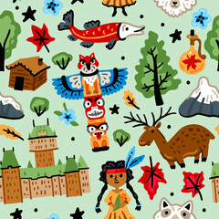 Bright cheerful children seamless vector pattern with symbols of Canada. American Indian, maple leaf, grizzly, mounted police. Alaska landmarks. Childish travel Forest background. North America