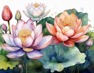 Lotus flowers at various stages of bloom are depicted in detailed watercolors.