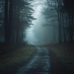 Naklejka premium A foggy road through a dense forest, mysterious and moody, cinematic style, isolated on white background