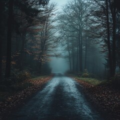 Obraz premium A foggy road through a dense forest, mysterious and moody, cinematic style, isolated on white background