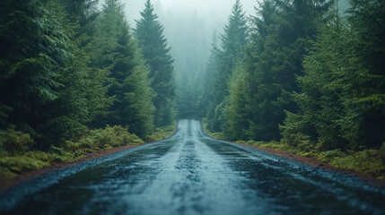 Drone shots capturing the symmetry of pine trees flanking a road, creating a visually striking pattern.
