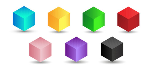 Set of vector cubes with gradients for game, icon, packaging design or logo. Cube illustration isolated on white background. Minimalist style abstract cube icon. Platonic solid. Icon.