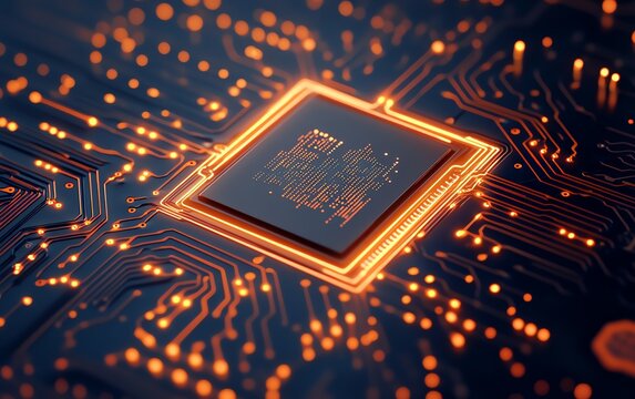 Close-up of a glowing microprocessor chip on a circuit board.