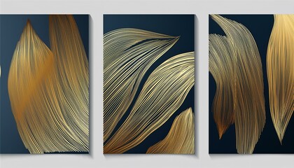 Modern creative abstract art print set. Golden brush strokes, texture, design for wall decor, wallpaper, poster, card, mural, hanging, print.