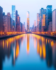 Obraz premium City skyline at dusk with glowing skyscrapers reflecting on a calm river, urban glowtime, serene and modern