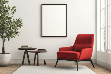 red armchair and frame on wall.