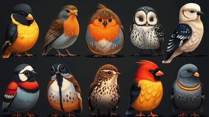 Fototapeta premium Whimsical Bird Collection: Vector Cartoon Animals, Nature Pattern, Seamless Design, Owl, Dove, Duck, Pigeon, AI Generated