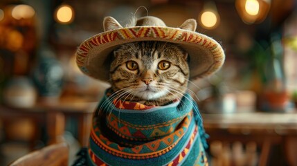 Cute Cat in Sombrero Sits in Mexican Cafe