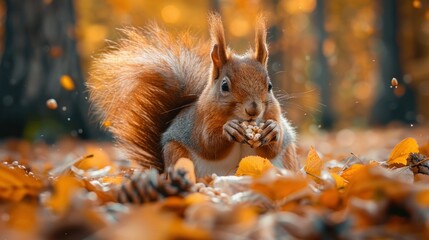 Playful Red Squirrel Enjoying Seeds in Autumn Forest - Wild Nature Animal Thematic Sciurus Vulgaris Rodent