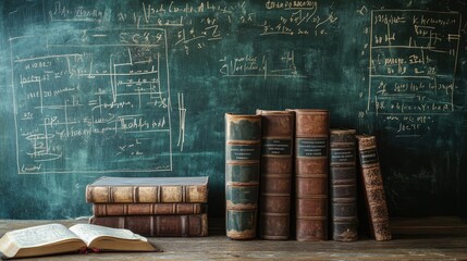 Naklejka premium Old books on a wooden table, chalkboard background with math formulas, creating a scholarly atmosphere.