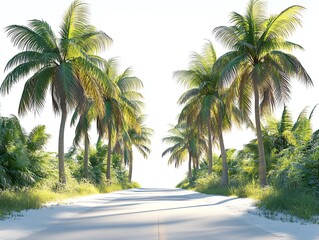 A road lined with tall palm trees, tropical and sunny, beachside vibe, isolated on white background