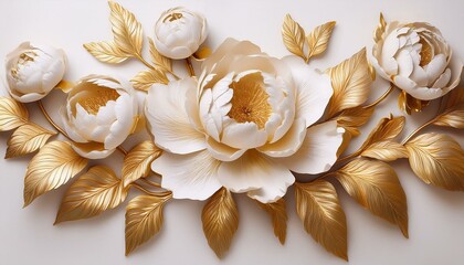 Peonies in stucco are adorned with golden leaves and buds on a white background.