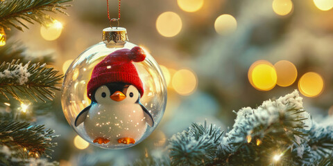 Festive Christmas tree ornament featuring a cheerful penguin red hat inside a glass bauble with a snowy pine tree backdrop, glowing warmly against a blurred, illuminated background.