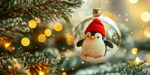 Festive Christmas tree ornament featuring a cheerful penguin red hat inside a glass bauble with a snowy pine tree backdrop, glowing warmly against a blurred, illuminated background.