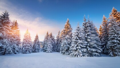 Fototapeta premium Pine trees covered with snow on frosty evening. Beautiful winter panorama