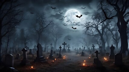 Haunted forest graveyard with bats and terrifying trees hosts a spooky Halloween. Background for Happy Halloween.