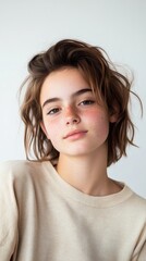Fototapeta premium A teenage girl with acne, styled in trendy, casual fashion, looking confidently at the camera with a natural, unfiltered expression