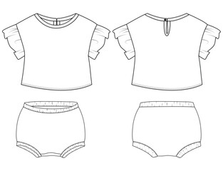 Baby girls dress design technical Flat sketch KIDS WEAR TEE AND SHORT PAJAMA SET FASHION FLAT DESIGN VECTOR illustration template