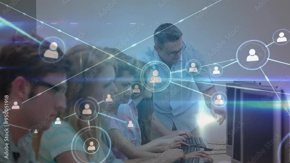 Poster using computers in classroom, students with network connections animation