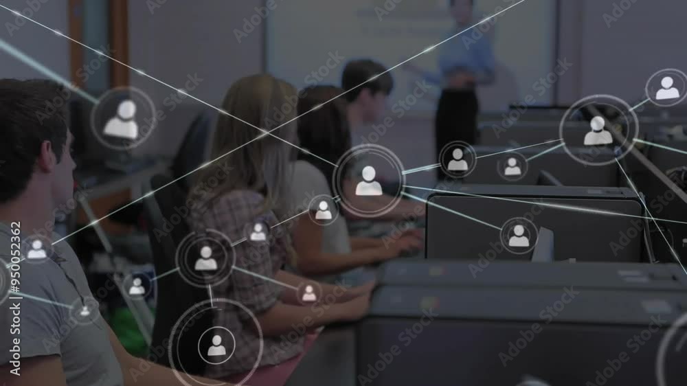Poster network of connections animation over students working on computers in classroom
