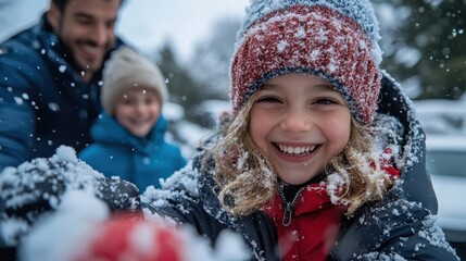 Joyful child playing in winter snow

