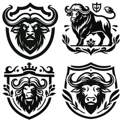 Obraz premium Black and white buffalo and lion crest emblems, vector illustration, heraldic symbol, logo design