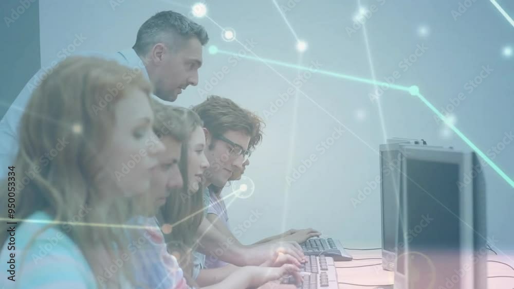 Poster network connections and data flow animation over students working on computers