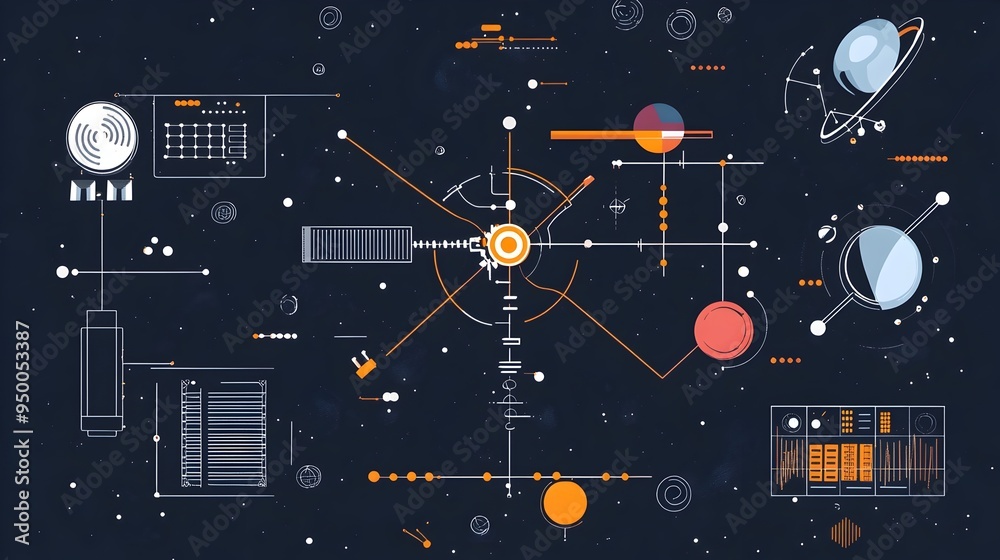 Poster a flat image of an infographic diagram visualizing the signal flow and data transmission process wit