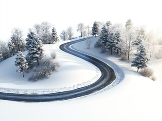 A snowcovered road in a winter landscape, peaceful and serene, detailed 3D rendering, isolated on white background