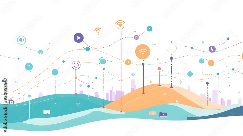 Poster detailed of wireless communication network signal path showcasing the flow of data frequency protoco