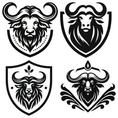 Obraz premium Buffalo head emblems in black and white, vector illustration, ideal for logos or tattoos