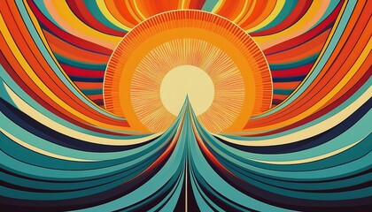 Retro 60s and 70s groovy carnival background. Sun and rainbow swirl pattern, vintage poster vibes. Funky ray elements, circle motifs, reminiscent of circus themes
